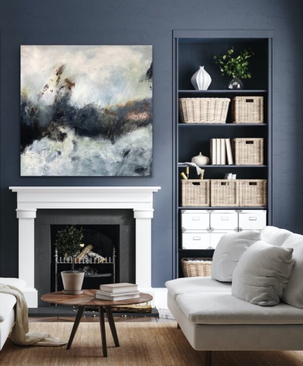 Large Navy Blue Modern Abstract Painting to enhance any room with earth and water colours. Unique wall art for your home.