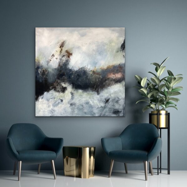 Large Navy Blue Modern Abstract Painting to enhance any room with earth and water colours. Unique wall art for your home.