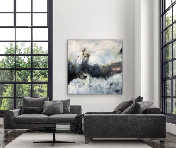 Large Navy Blue Modern Abstract Painting to enhance any room with earth and water colours. Unique wall art for your home.
