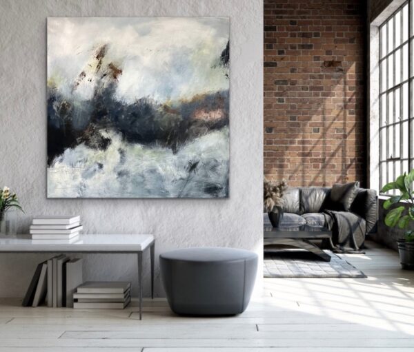 Large Navy Blue Modern Abstract Painting to enhance any room with earth and water colours. Unique wall art for your home.
