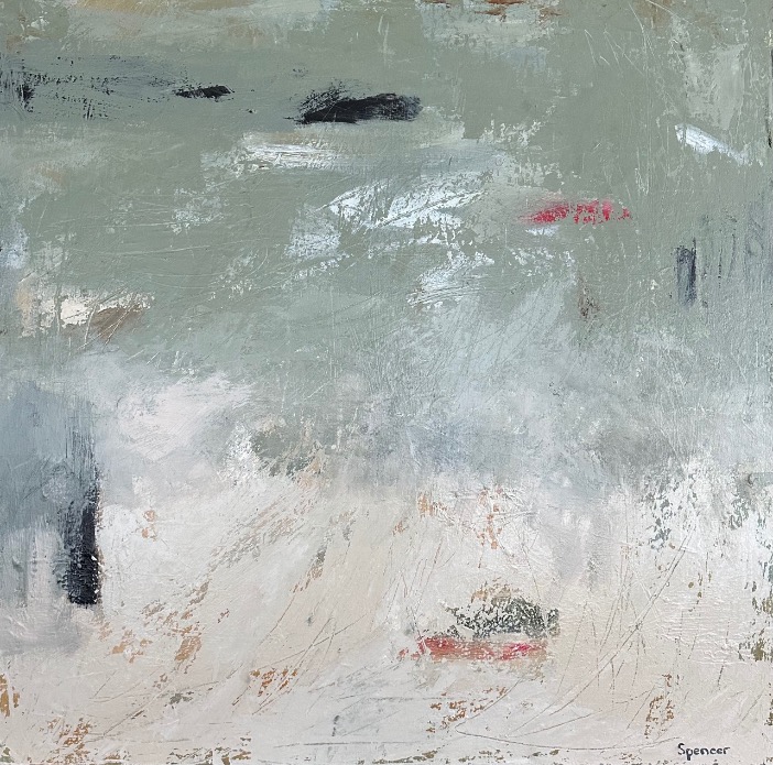 Modern muted green, neutral, square, abstract painting by Lynn Spencer, suitable for a hallway, over a table, dresser or bed