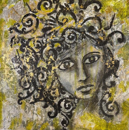 Nature Girl by Lynn Spencer, portraiture like, using dictionary fine papers and stencils, mixed media artistic modern art