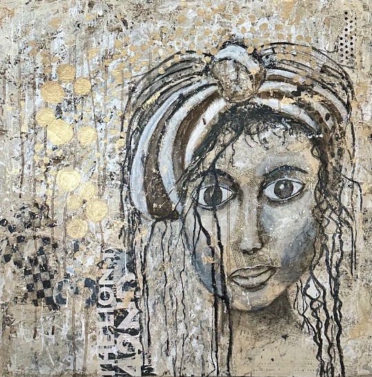 Lady In Gold by Lynn Spencer, portraiture like, using dictionary fine papers and stencils, mixed media, artistic, modern art