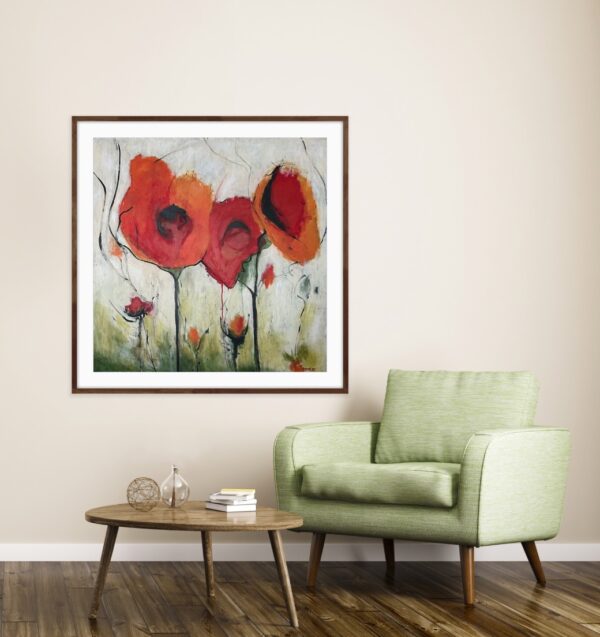Colourful Red Floral Abstract Art by Lynn Spencer, perfect for a pop of colour in a neutral decor room