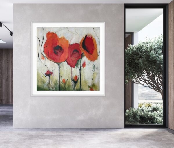 Colourful Red Floral Abstract Art by Lynn Spencer, perfect for a pop of colour in a neutral room