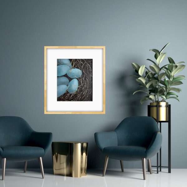 New Beginnings by Lynn Spencer is the first sign of spring and a symbol of new beginnings. The painting captures tender moments of nature's cycle.