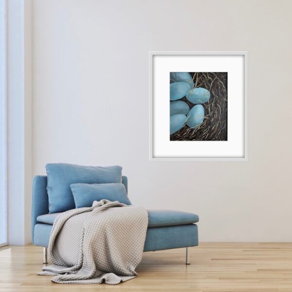 New Beginnings by Lynn Spencer is the first sign of spring and a symbol of new beginnings. The painting captures tender moments of nature's cycle.