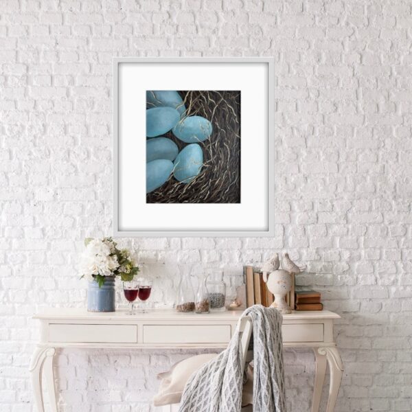 New Beginnings by Lynn Spencer is the first sign of spring and a symbol of new beginnings. The painting captures tender moments of nature's cycle.