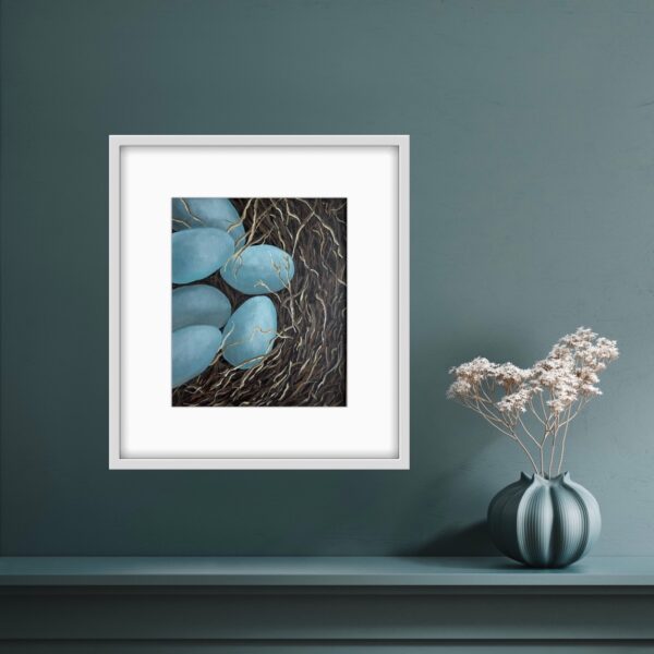 New Beginnings by Lynn Spencer is the first sign of spring and a symbol of new beginnings. The painting captures tender moments of nature's cycle.