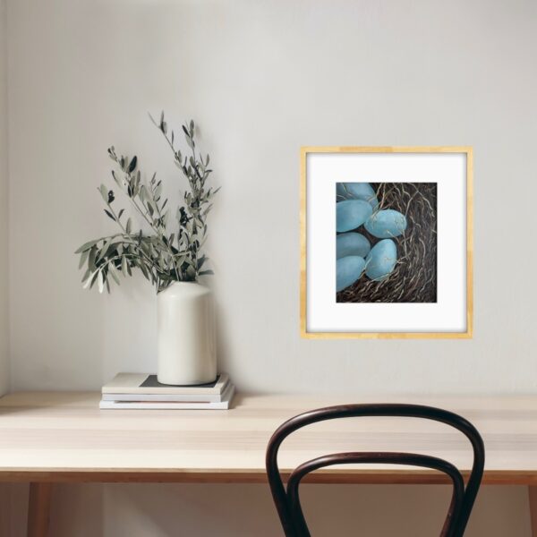 New Beginnings by Lynn Spencer is the first sign of spring and a symbol of new beginnings. The painting captures tender moments of nature's cycle.