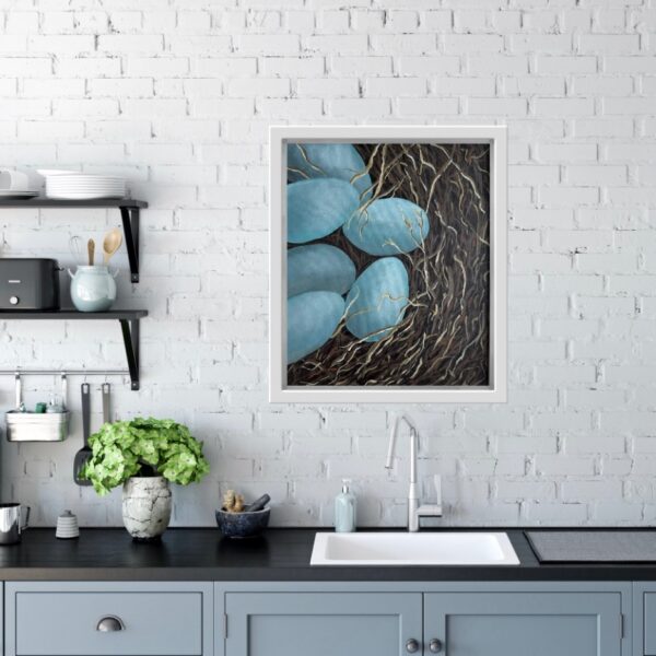 New Beginnings by Lynn Spencer is the first sign of spring and a symbol of new beginnings. The painting captures tender moments of nature's cycle.